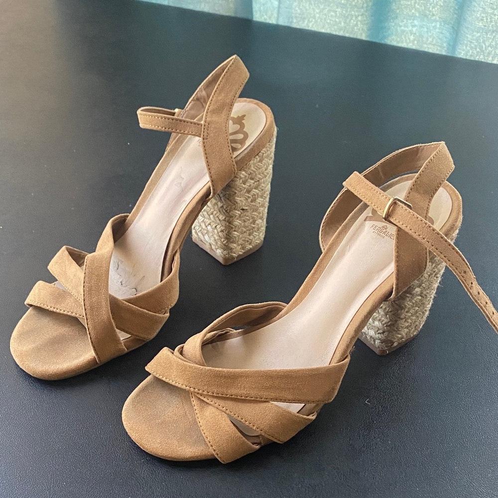 Fergalicious Tan Strappy Block Heels